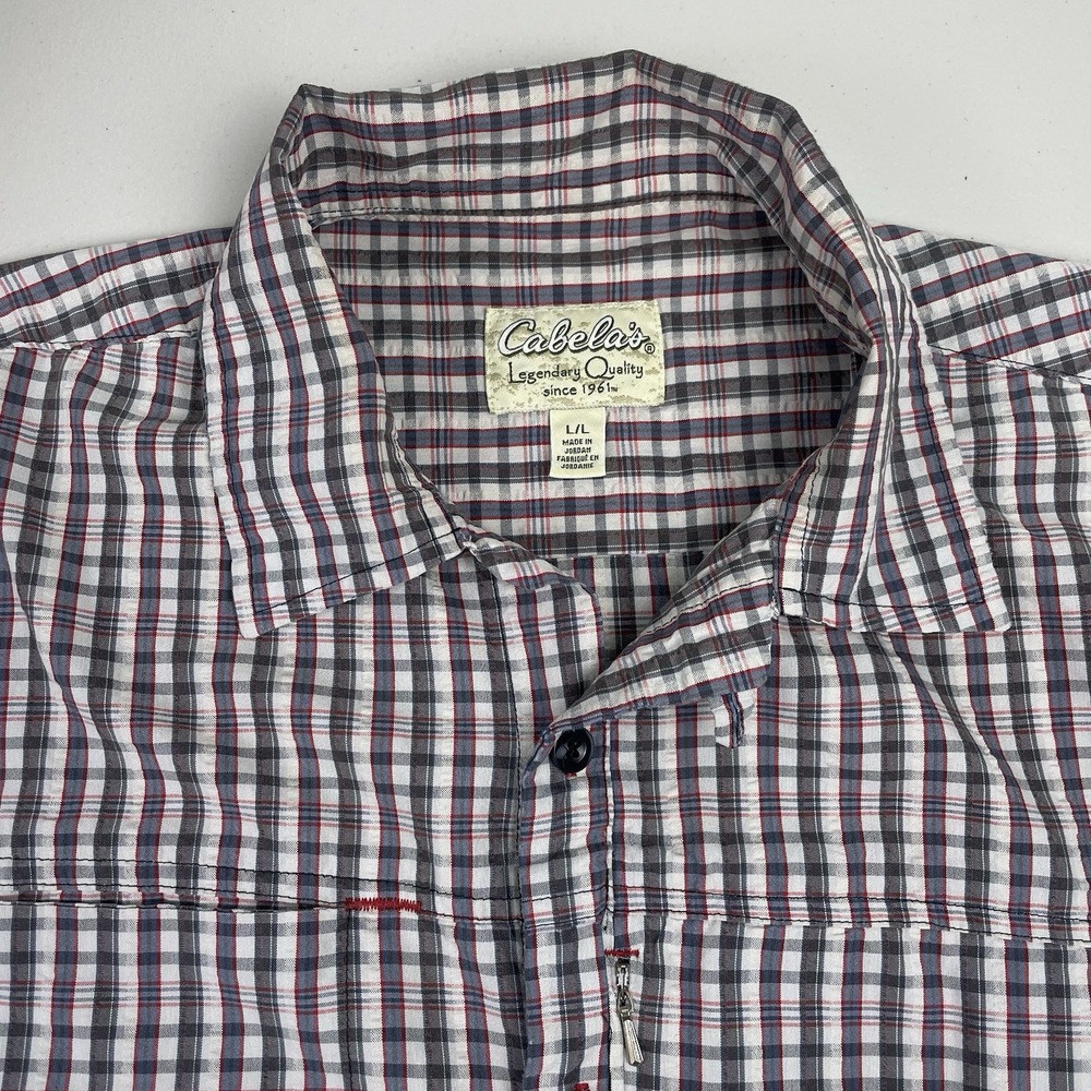 Cabelas Shirt L Mens S/S Button Up‎ Seersucker Fishing Utility Outdoor VGUC